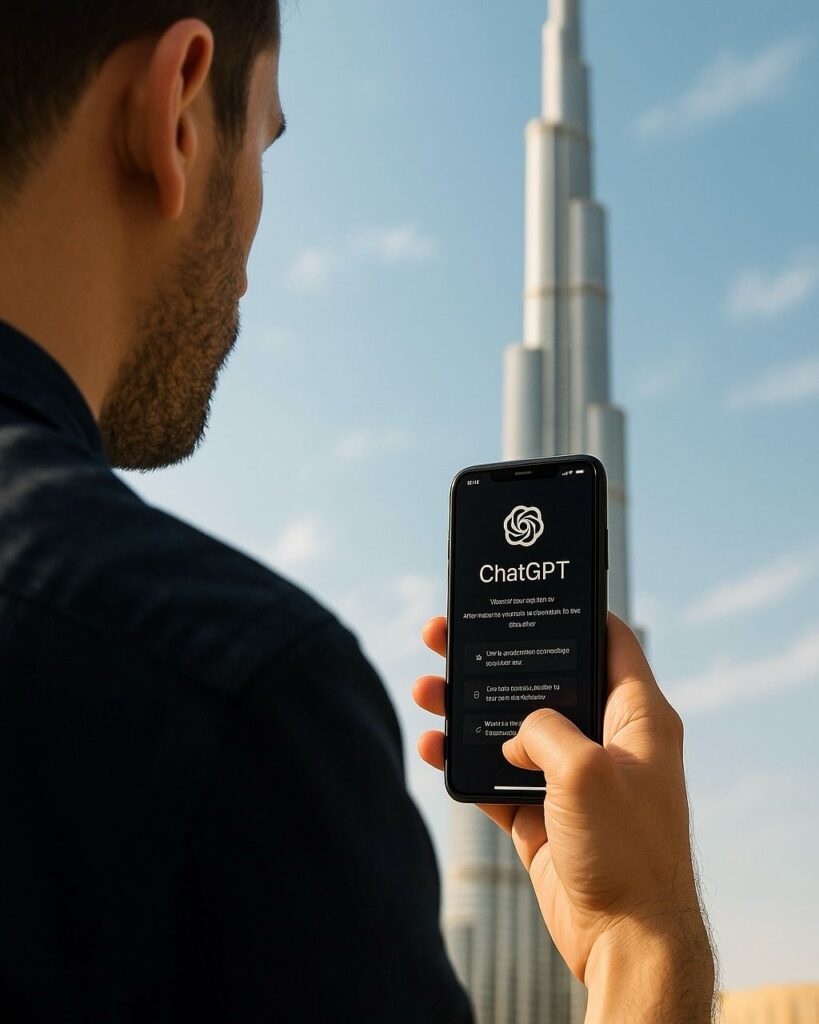 Man using ChatGPT in front of Burj Khalifa in Dubai, showcasing free GPT-4o access for UAE residents