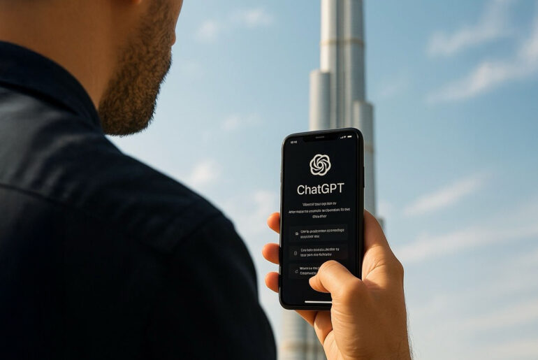 Man using ChatGPT in front of Burj Khalifa in Dubai, showcasing free GPT-4o access for UAE residents