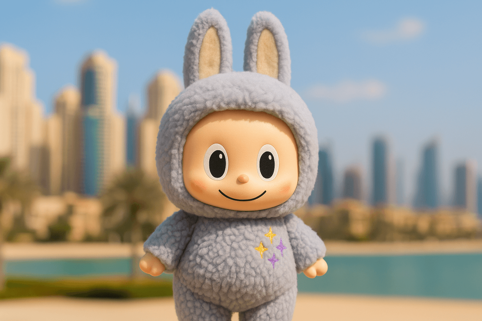 Cute Labubu Pop Mart plush collectible in Dubai, UAE with modern skyline in the background on a sunny day